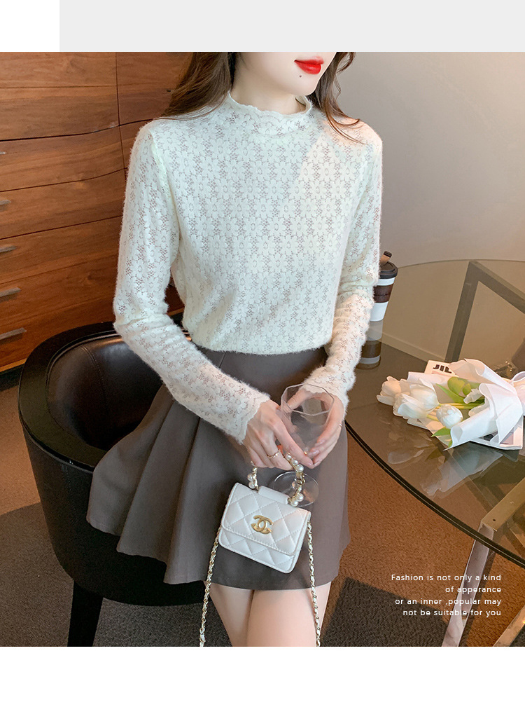 A stylish and youthful 2023 autumn collection, paired with a semi-high-neck top, long-sleeved small stand-up collar, and a youthful lace base layer for women pic 26