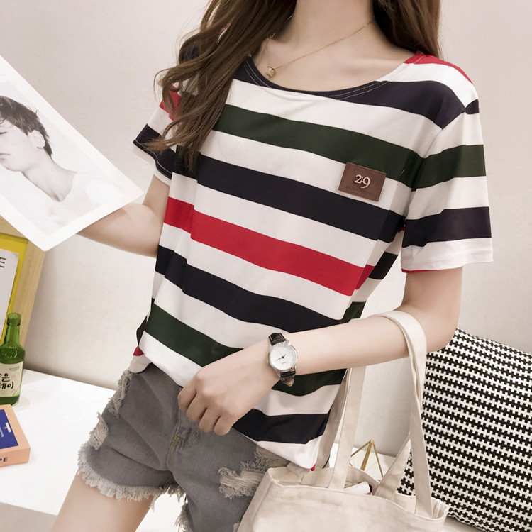 批发2022夏季新款韩版条纹短袖t恤女士宽松衣服上衣女装一件代发详情36