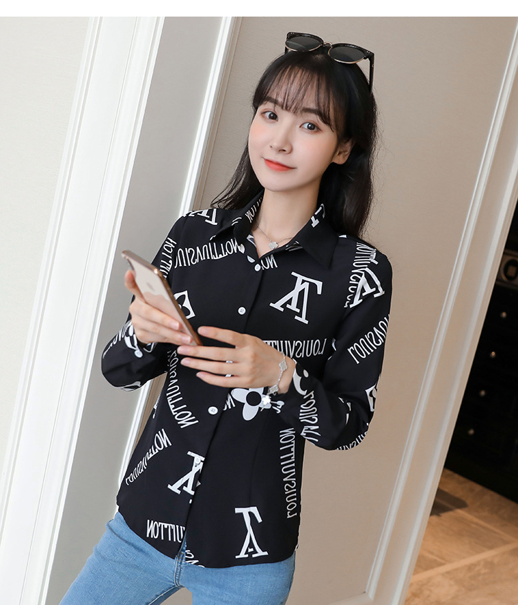 New spring and autumn Korean-style slim-fit shirt for women, long-sleeved printed striped trendy base layer, Hong Kong-style top for women pic 51