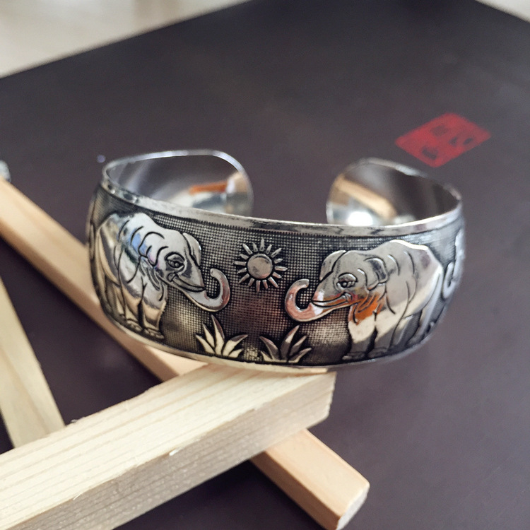 Retro ethnic style silver bracelet, European and American carved wide opening bracelet, fashionable and individual Miao silver aged ancient-style jewelry pic 10