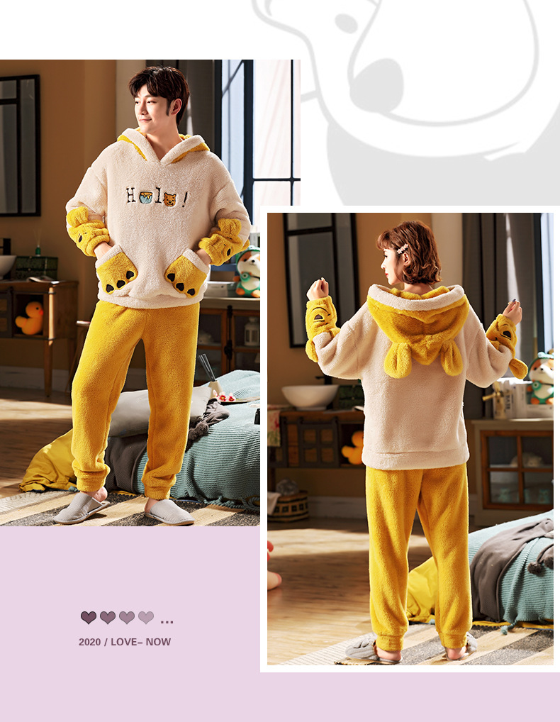 长毛绒冬季卡通情侣加厚加绒睡衣女帽子外穿法兰绒套装男士家居服详情34