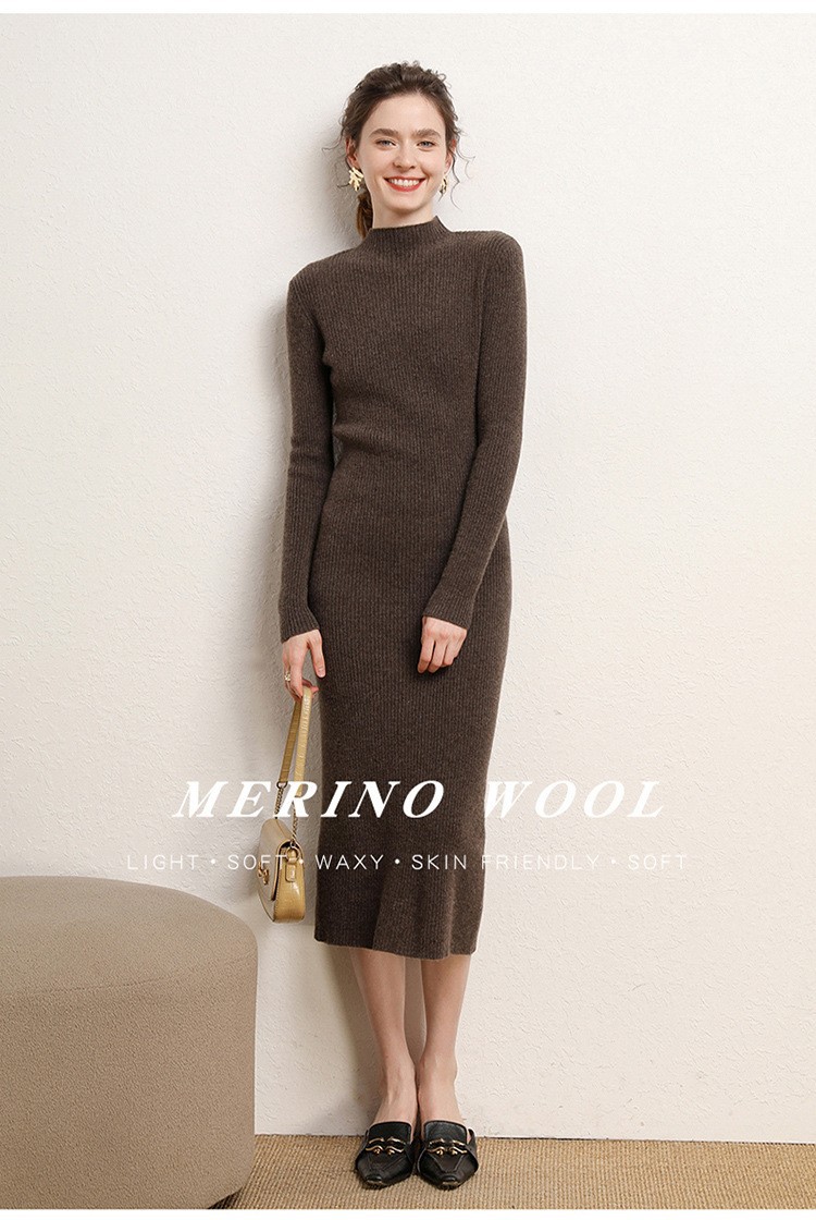 Early autumn semi-high-neck wool dress for women, mid-length sweater, knee-length cashmere knitted body-hugging skirt, long skirt as a base layer pic 26