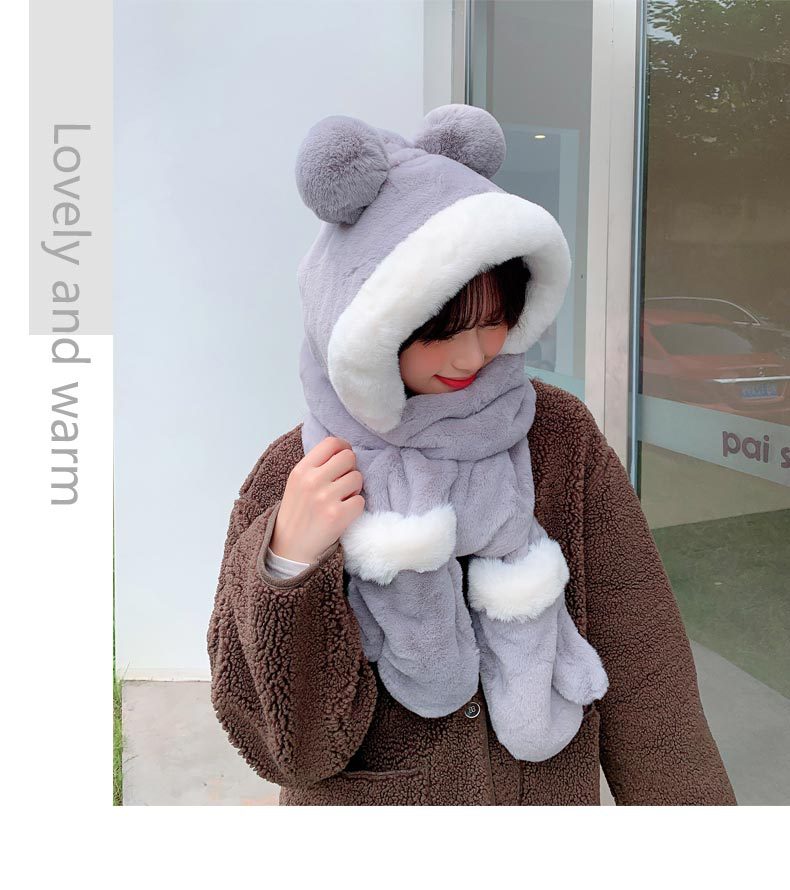 Warm hat for women, sweet and cute in autumn and winter. Winter cartoon scarf in one piece. Korean-style ear-protecting gloves in three pieces for winter pic 11