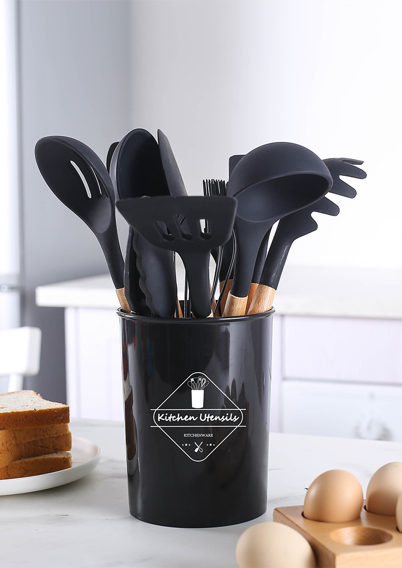 Cross-border best-selling 12-piece set of wooden handle kitchenware, FDA silicone non-stick cookware, cooking spatula and baking set with storage bucket pic 25