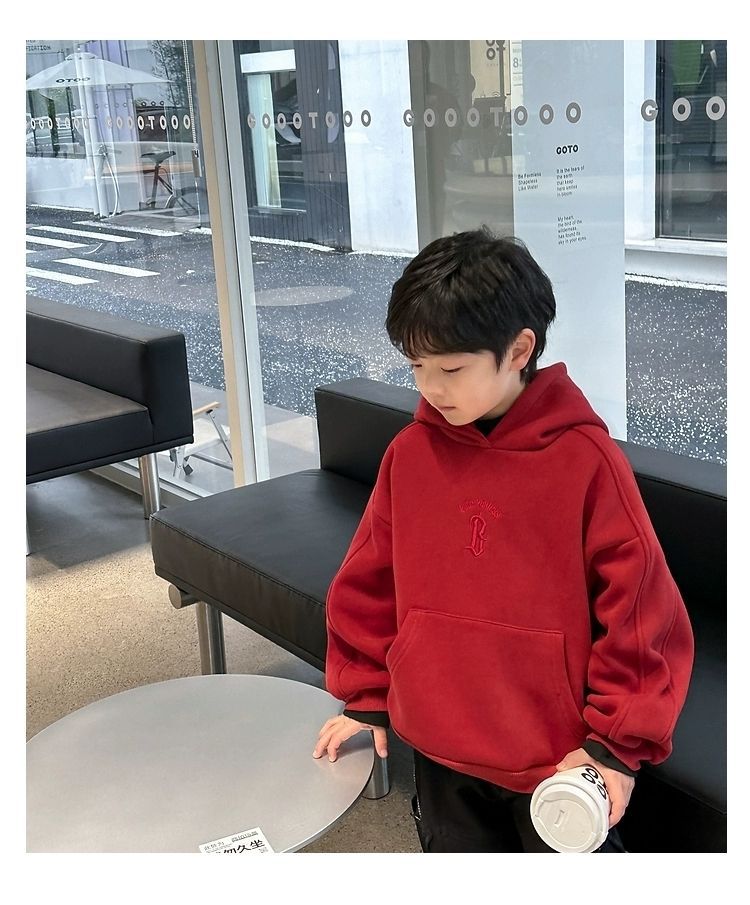 儿童字母刺绣加绒加厚新年红色连帽套头卫衣冬韩版男女童宽松上衣详情6