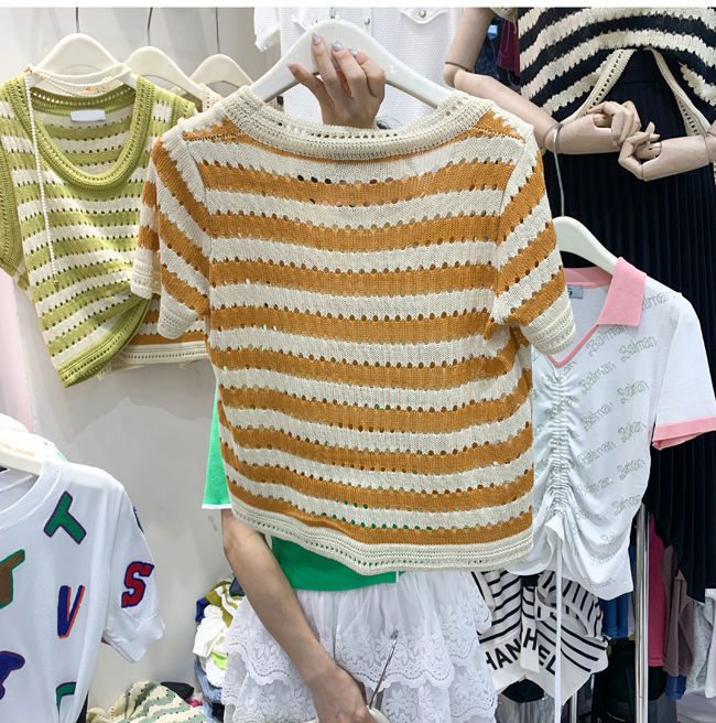 大码女装镂空韩系条纹针织短袖t恤复古圆领上衣时尚百搭2022夏季详情14