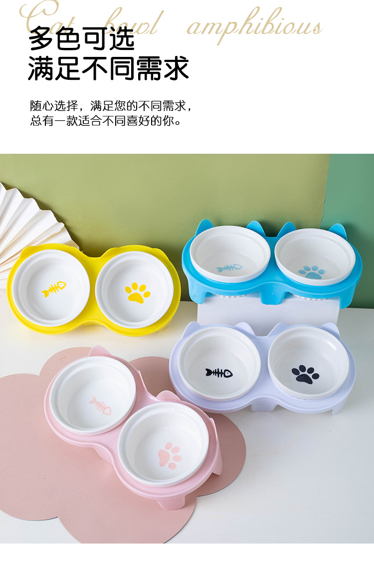Cat bowl, ceramic double bowl, water bowl, cervical vertebrae protection, high legs, slanted mouth, cat food bowl, drinking bowl, pet bowl, pet supplies pic 8
