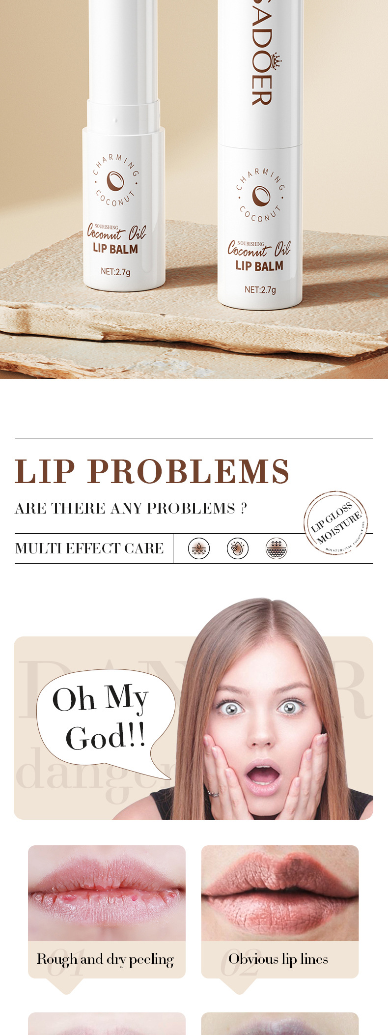 All-english Coconut Lip balm 2.7G Sadoer Hydrating, Moisturizing and Anti-cracking lip balm Cross-border export pic 2