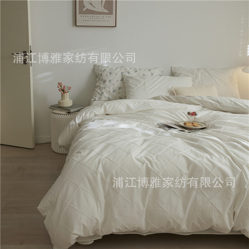 Wholesale of high-quality three or four-piece sets of washed cotton 40-count hand-knitted rhombus-shaped checkered plain pure cotton bedding pic 27