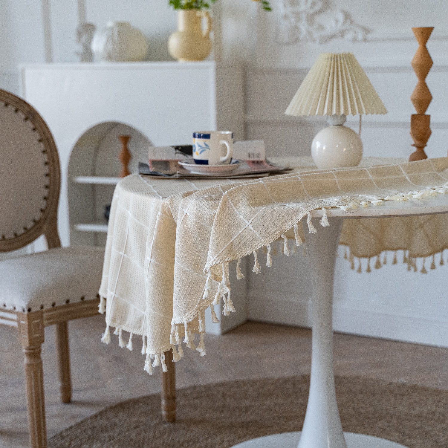 Cross-border TEMU Xiyin round table cloth, Japanese cream white tassel tablecloth, table cloth, cover cloth, Amazon factory wholesale pic 30