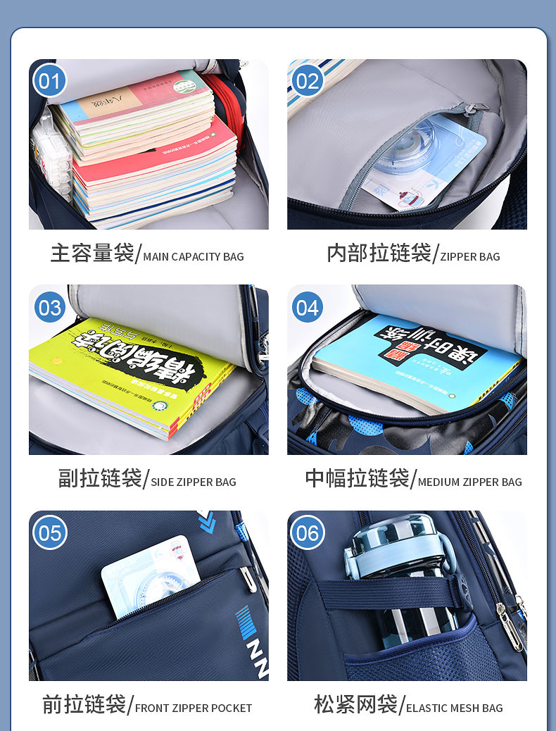 2023新款男女孩书包小学生1-3-6-9年级大童初中生大容量双肩背包详情9