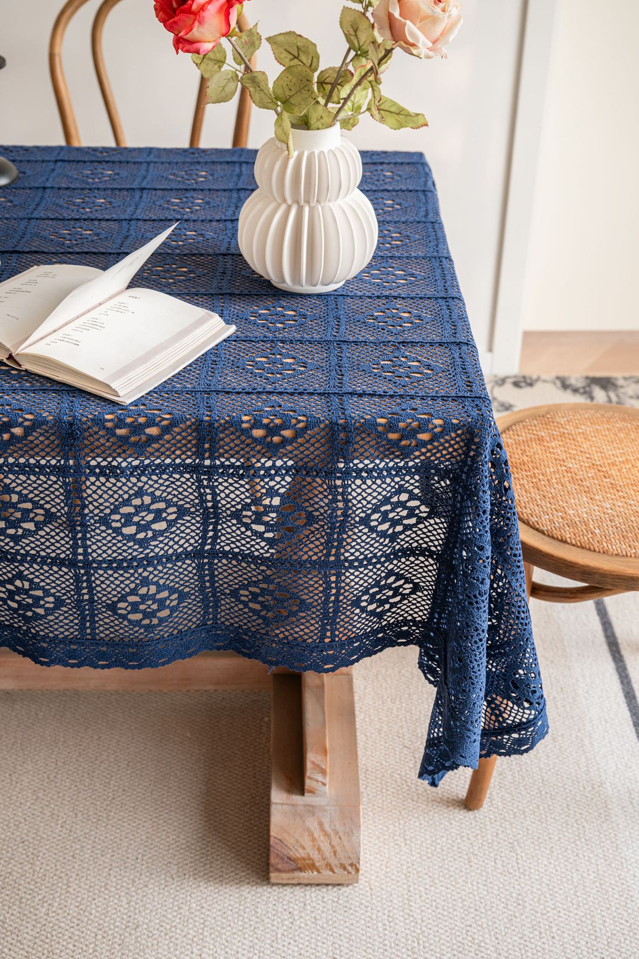 Cross-border hollowed-out hidden deep blue tablecloth, retro crochet photo art book, personalized cotton thread woven tablecloth cover pic 25