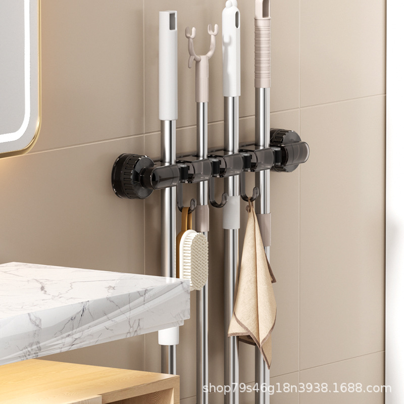 Wall-mounted four-clamp mop rack, powerful suction cup mop rack, multi-purpose hook hanging rack for kitchen and bathroom, household storage rack pic 24