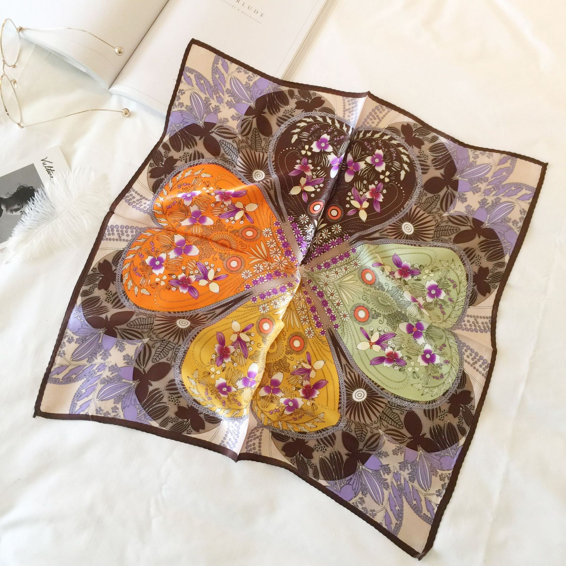 Wholesale silk scarves for overseas gifts and return gifts, cross-border silk autumn and winter decorative plain crepe satin 53cm floral neckerchiefs, small square scarves pic 84