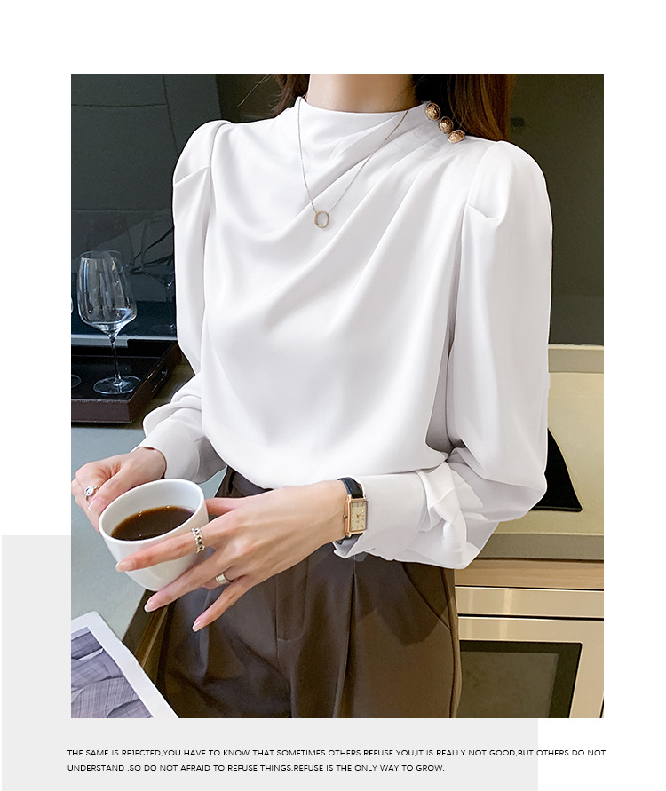 外贸供货2023轻熟气质立领褶皱灯笼袖时尚长袖上衣宽松女士衬衫详情57