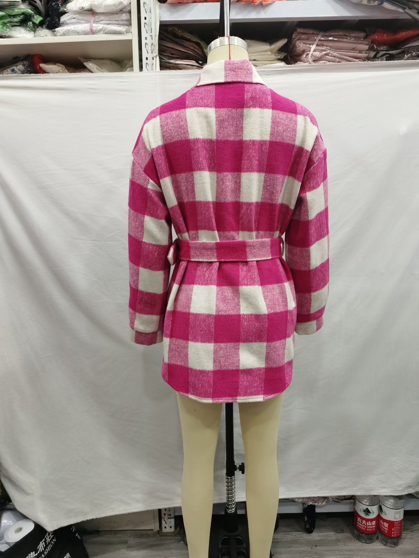 T2024跨境时尚女装 2022秋季新品 腰带格子毛呢宽松外套 5270女式详情5