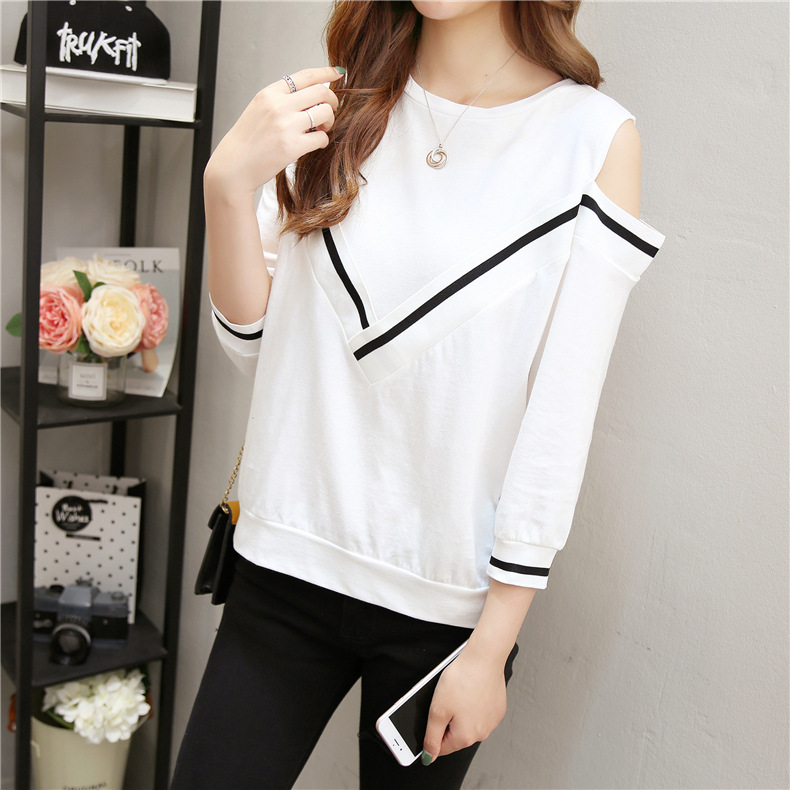 Spring and Autumn new versatile T-shirt for women, 7-inch sleeved off-the-shoulder long-sleeved sexy half-sleeved top pic 11