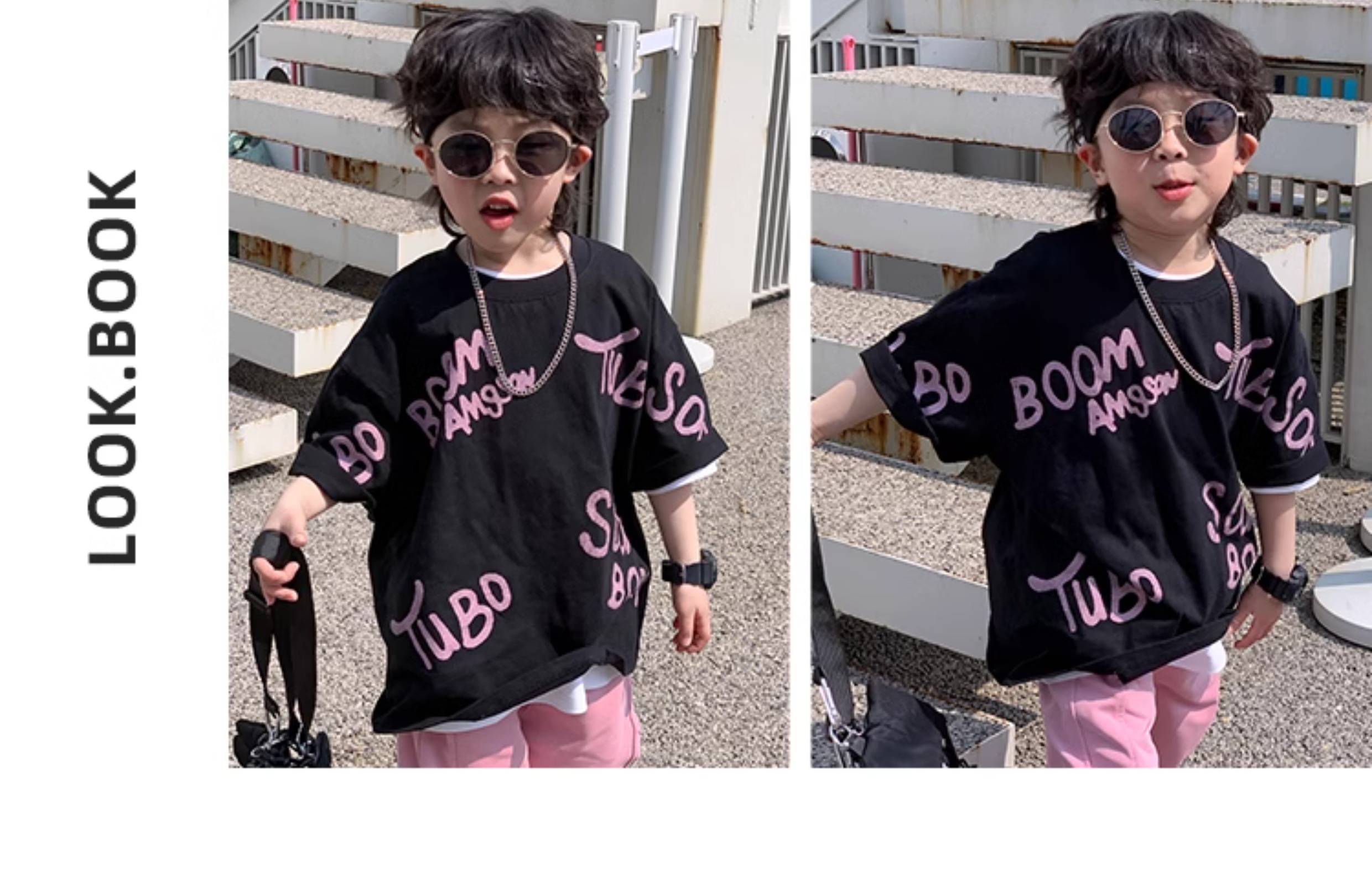 小小郑童装儿童夏装中大童痞帅棉粉黑字母男童短袖t恤2024新款详情13