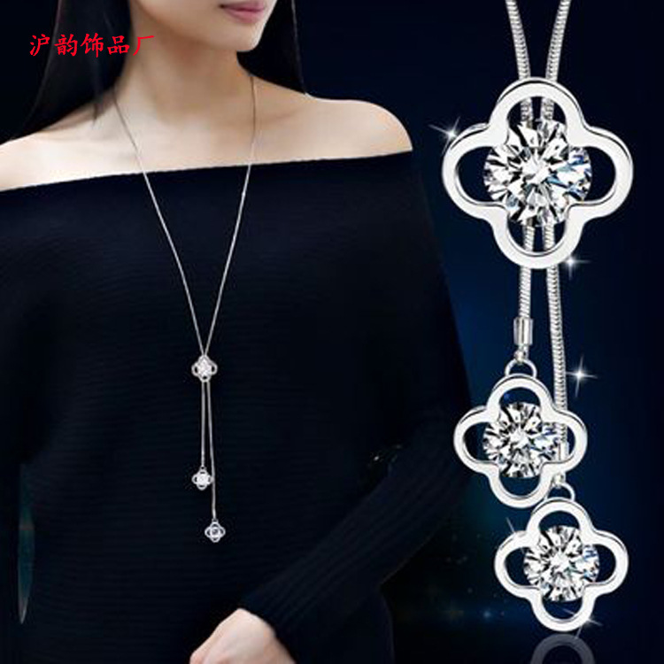 Korean-style fashionable and versatile sweater chain long necklace, with a unique and elegant style and a high-end feel. Blue crystal flower tassel decoration pic 5
