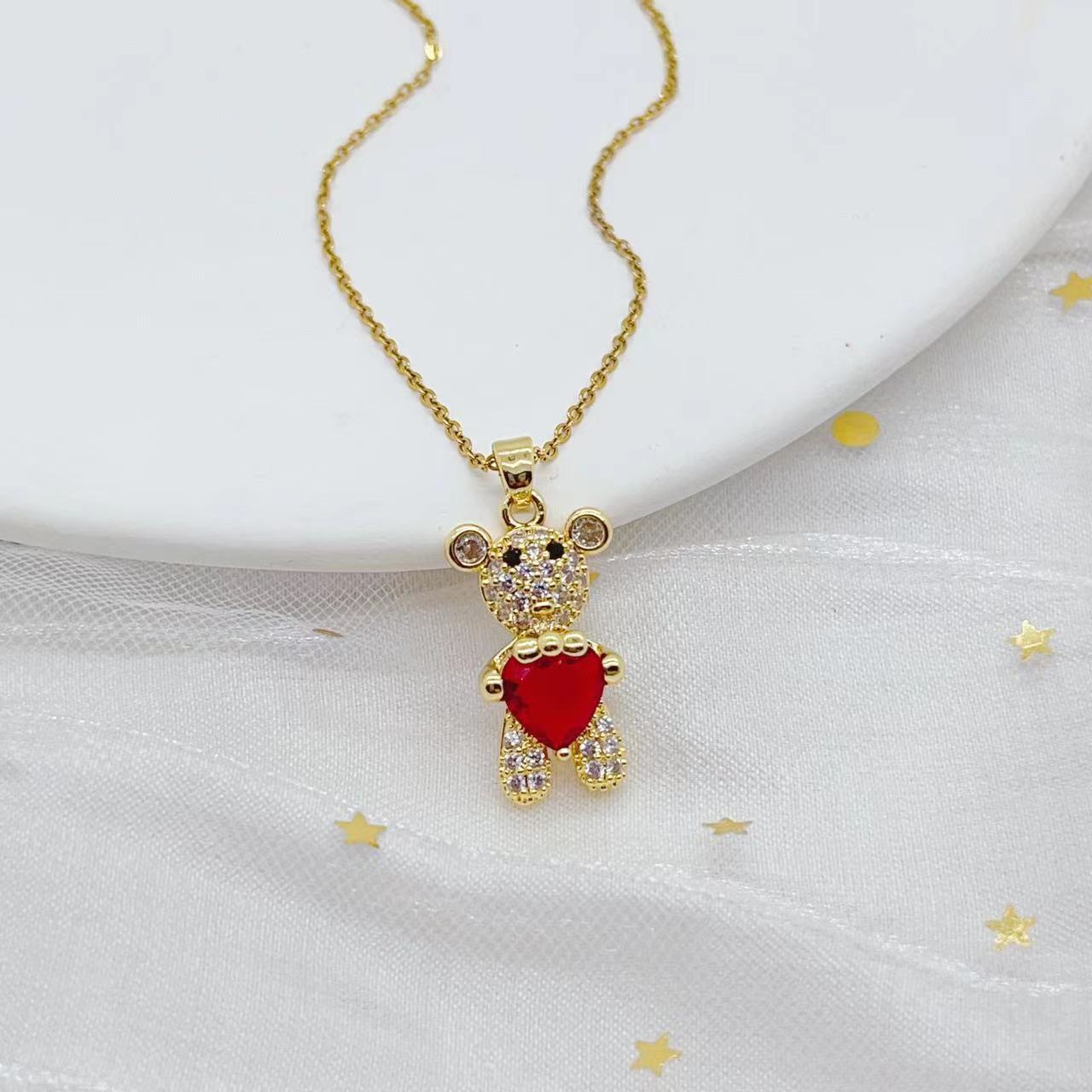 Cross-border new product, Bear Zircon necklace, personalized design, fashionable ins style, heart-shaped collarbone chain jewelry wholesale pic 3
