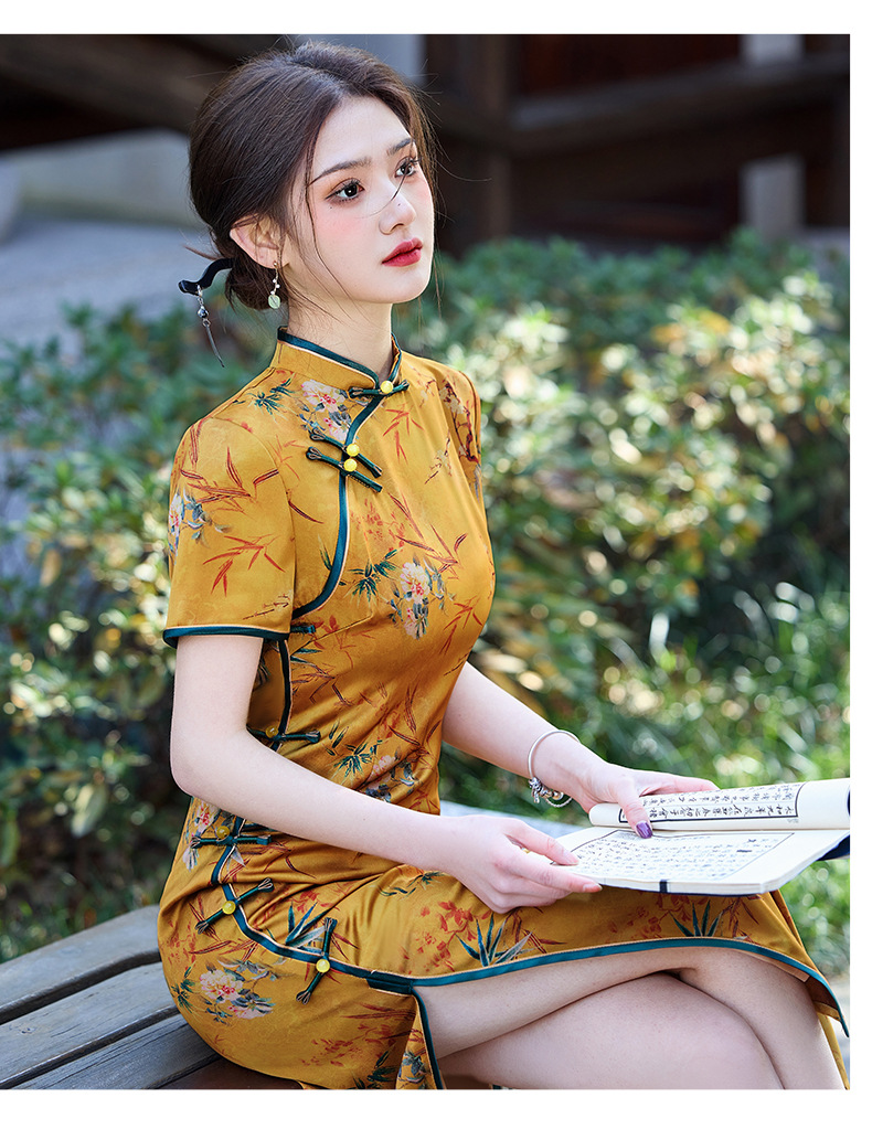 国潮春夏黄色醋酸双层长款优雅复古改良民国风气质修身名媛旗袍裙详情14