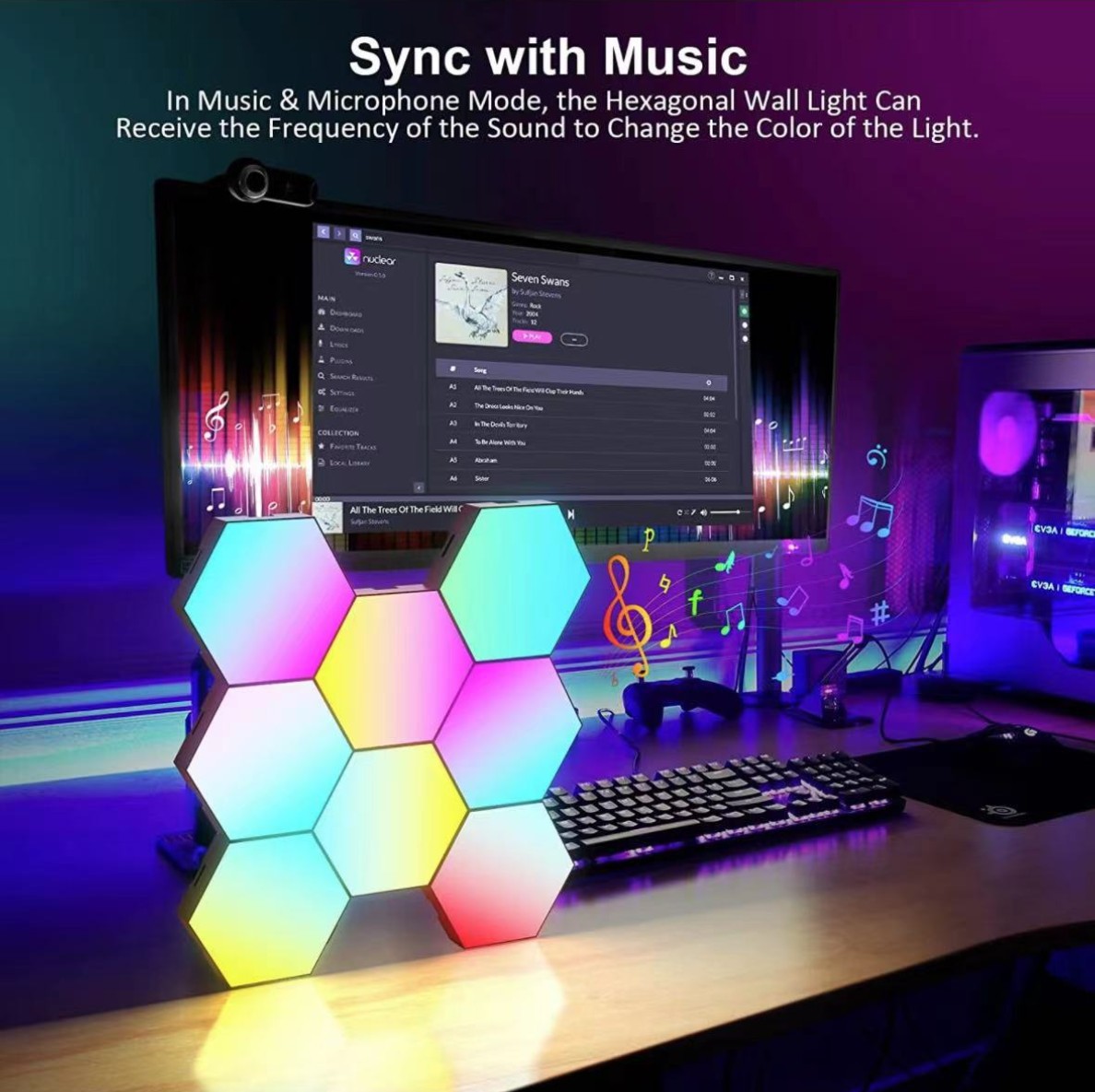 مصابيح التحكم في الصوت الصوتية والمصابيح التحكم في إيقاع الموسيقى (RGB) ذات الألوان المتطابقة، ومصابيح الكم الذكي pic 13