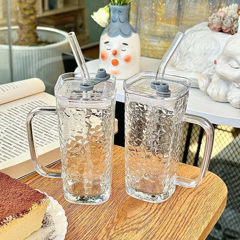 透明带把手玻璃水杯 高颜值夏季果汁杯条纹带盖吸管杯子方玻璃杯详情6