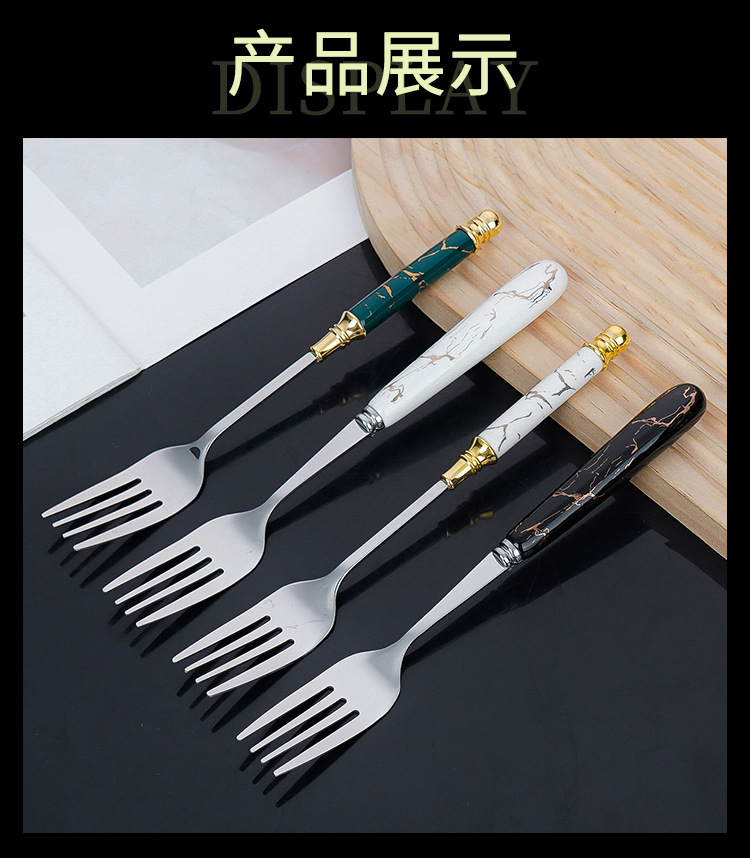 跨境不锈钢餐具陶瓷手柄勺子24件套北欧墨绿酒店牛排刀收纳架礼盒详情15