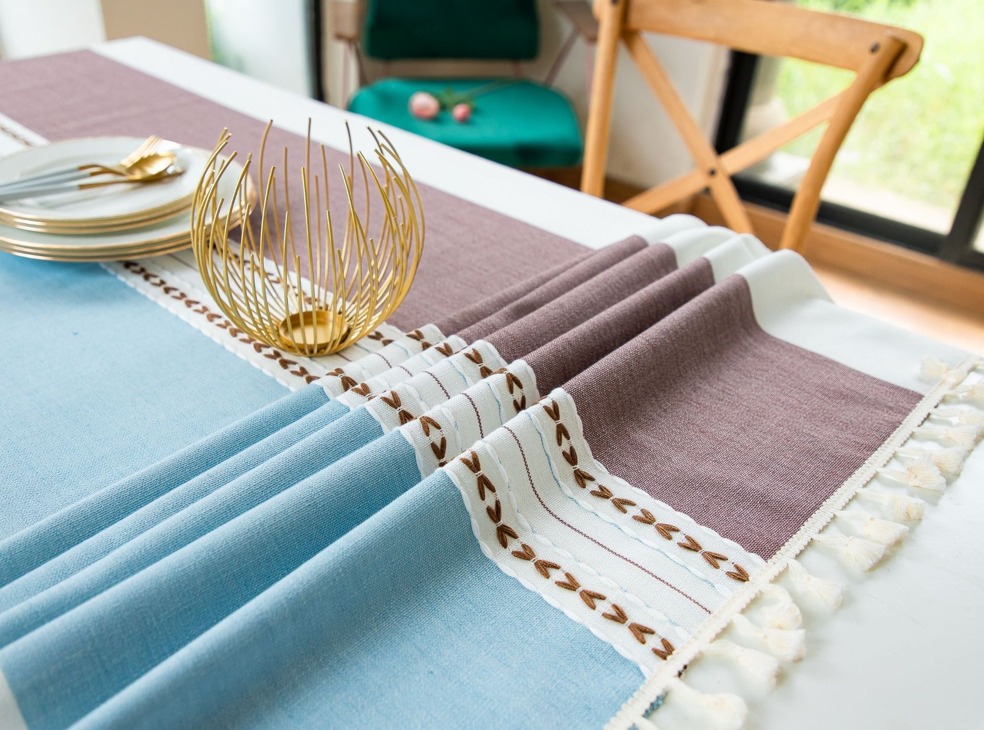 Cross-border Japanese color-blocking and color-blocking embroidered tassel tablecloths, kitchen, dining room, party, family table cover decoration, cotton and linen pic 21
