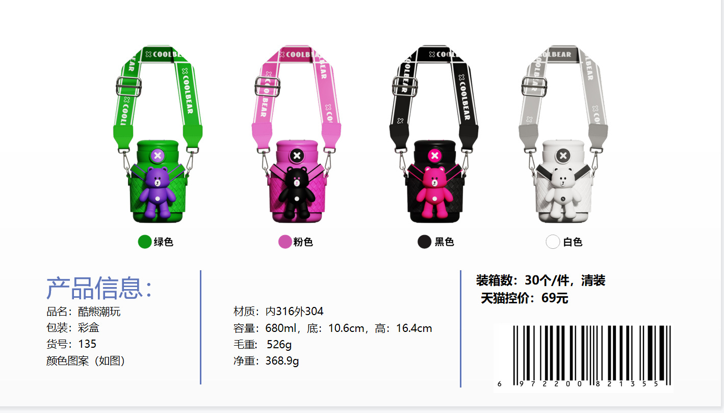 2023新品预售酷熊潮玩水杯卡通学生大容量杯子外出便携随身保温杯详情11