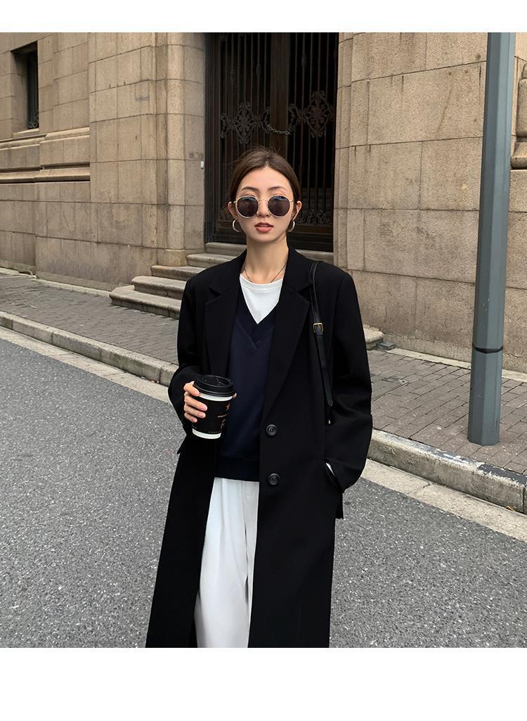 黑色中长款西装领风衣外套女2022年秋冬新款韩版休闲气质过膝大衣详情20
