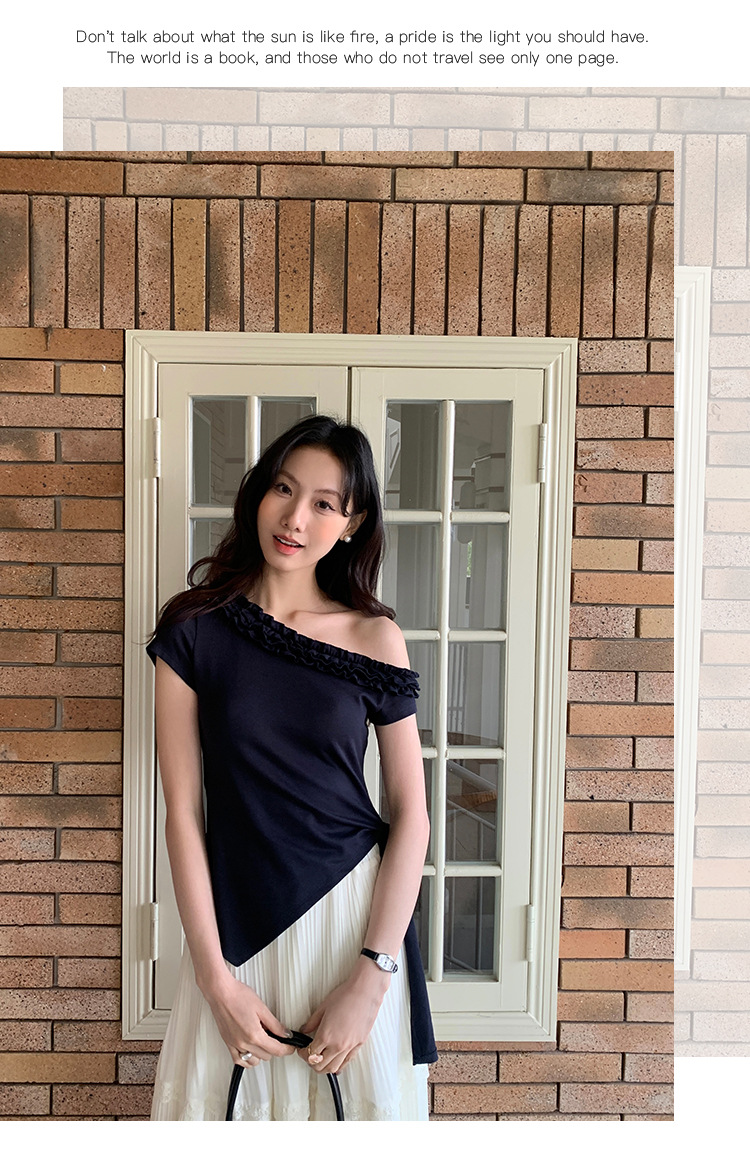 爱西里2025夏季减龄甜美拼木耳花边斜肩下摆不规则短袖T恤女13835详情16