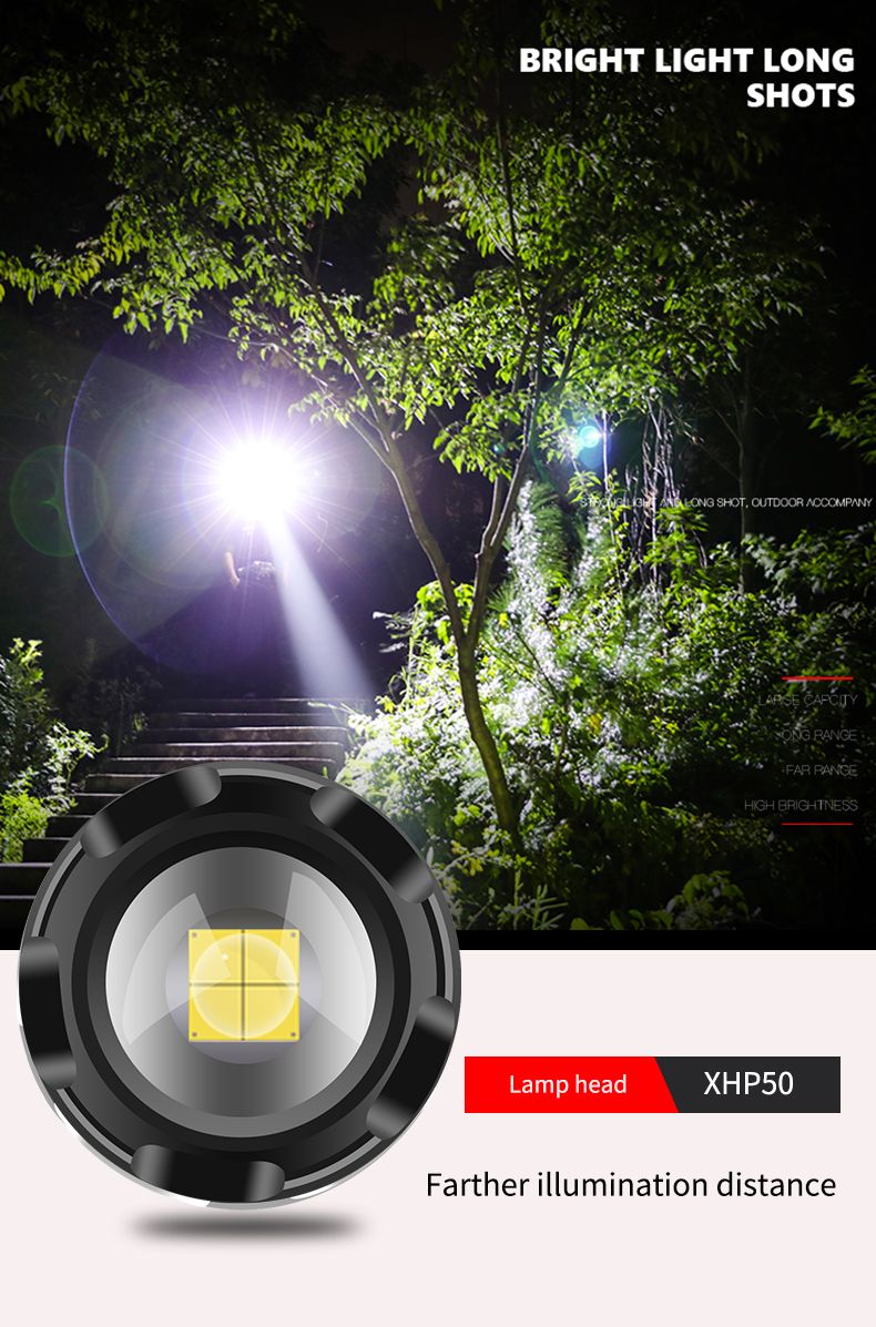跨境新品XHP50轻便小巧带笔夹变焦强光手电筒 户外便携充电手电筒详情8