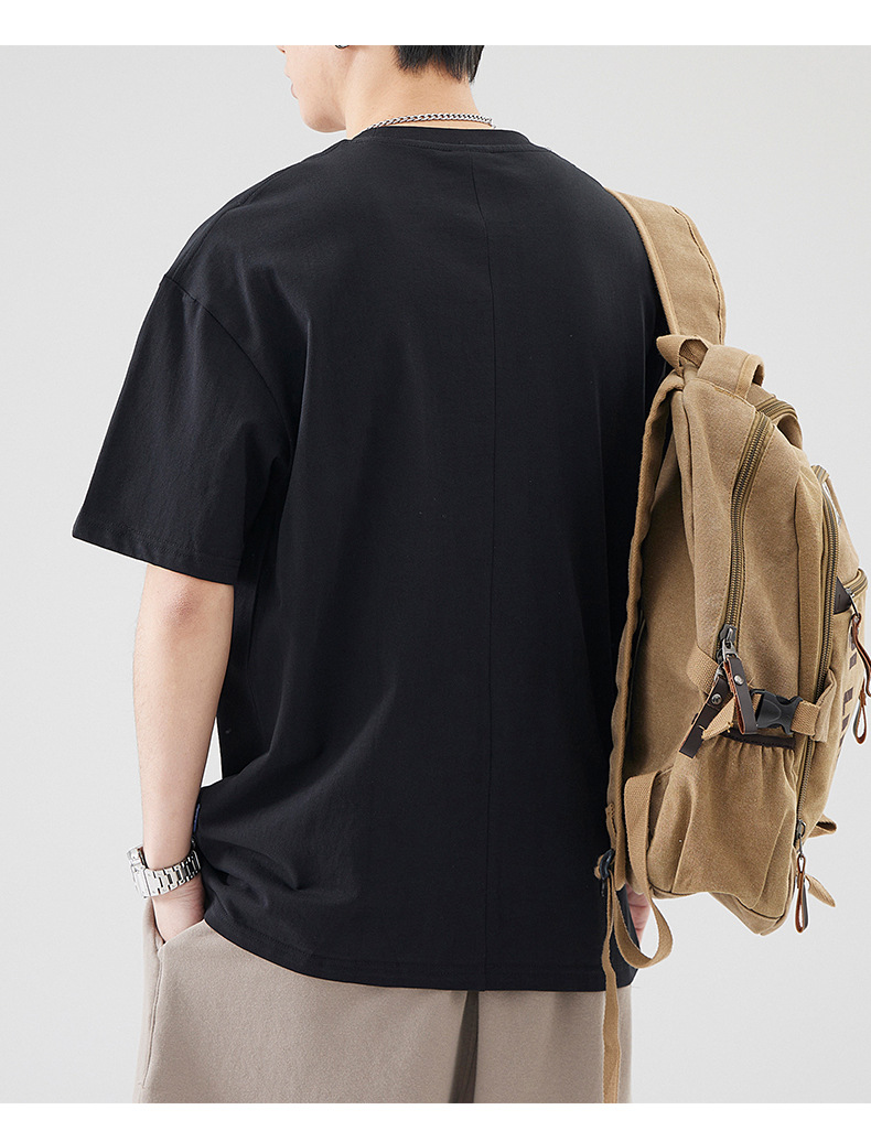 古川男装|日系复古拼接全棉短袖男士宽松大码简约纯色百搭体恤男详情12