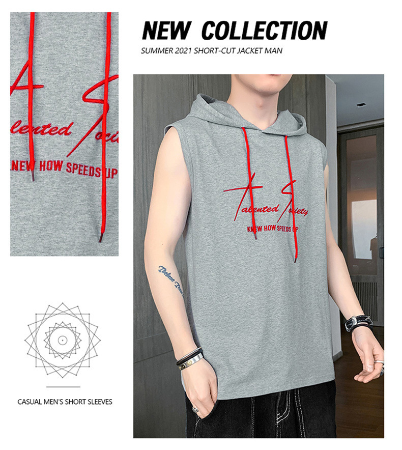【一件代发】2023夏季新款男士连帽无袖背心韩版纯棉经典百搭坎肩详情37