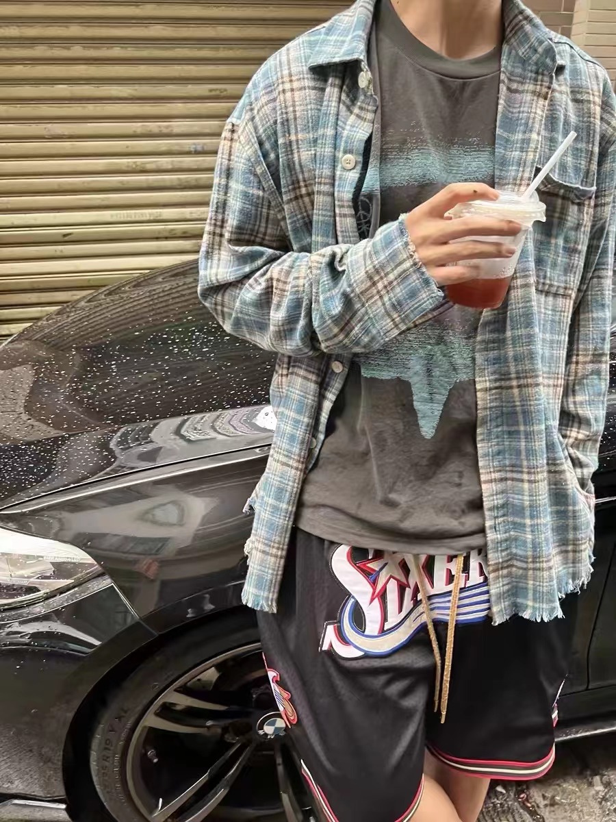 高货复古格纹法兰绒流苏破坏格子衬衫cleanfit设计感男女春季上衣详情5