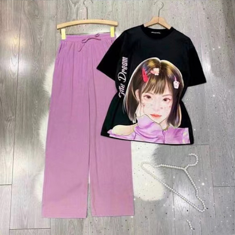 跨境外贸2022新款女孩印花短袖扎染长裤两件套时尚休闲宽松套装批详情1