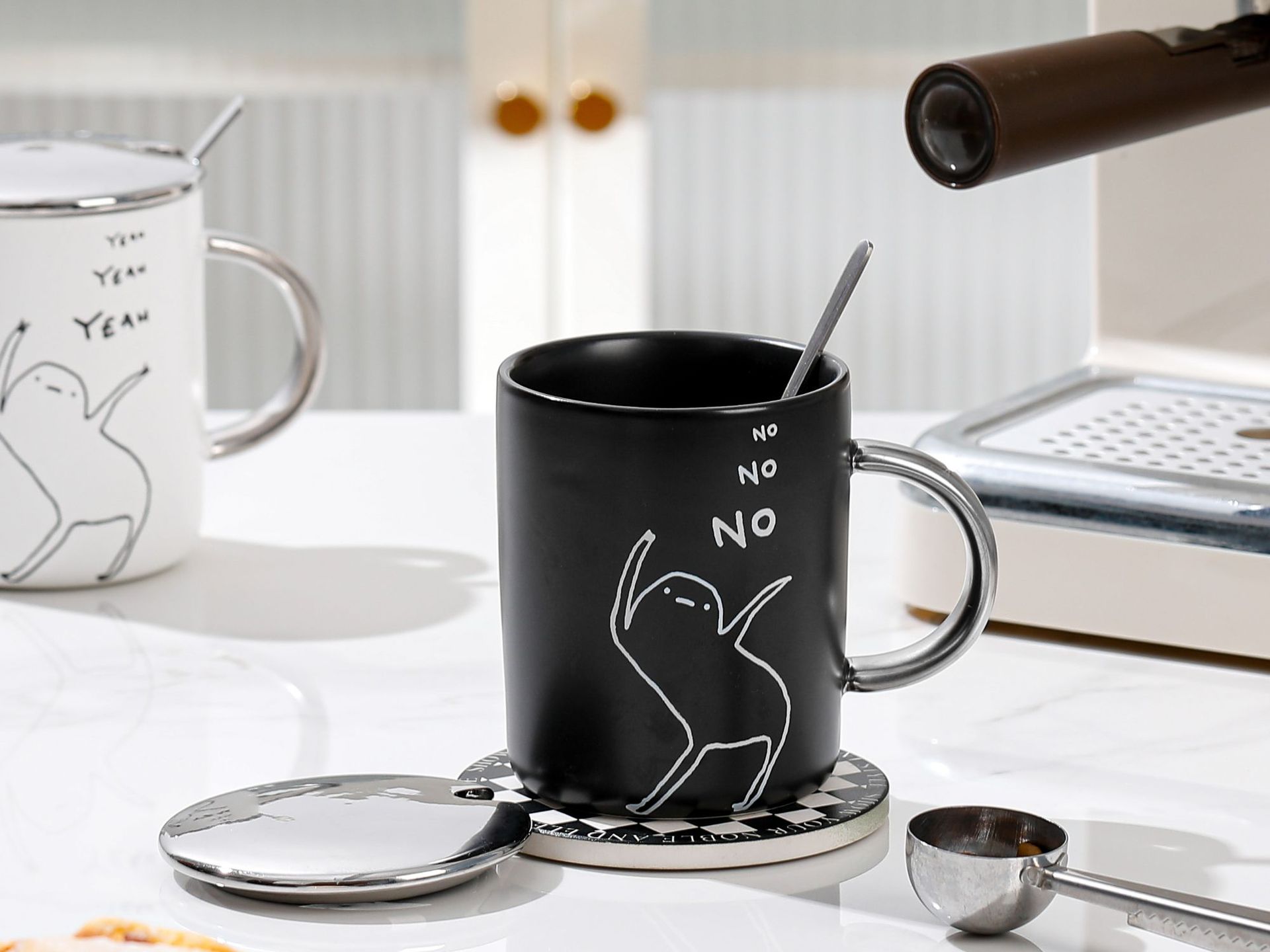 Black and white minimalist style stick figure high appearance level ceramic cup with lid spoon comic character student dormitory breakfast milk cup pic 3