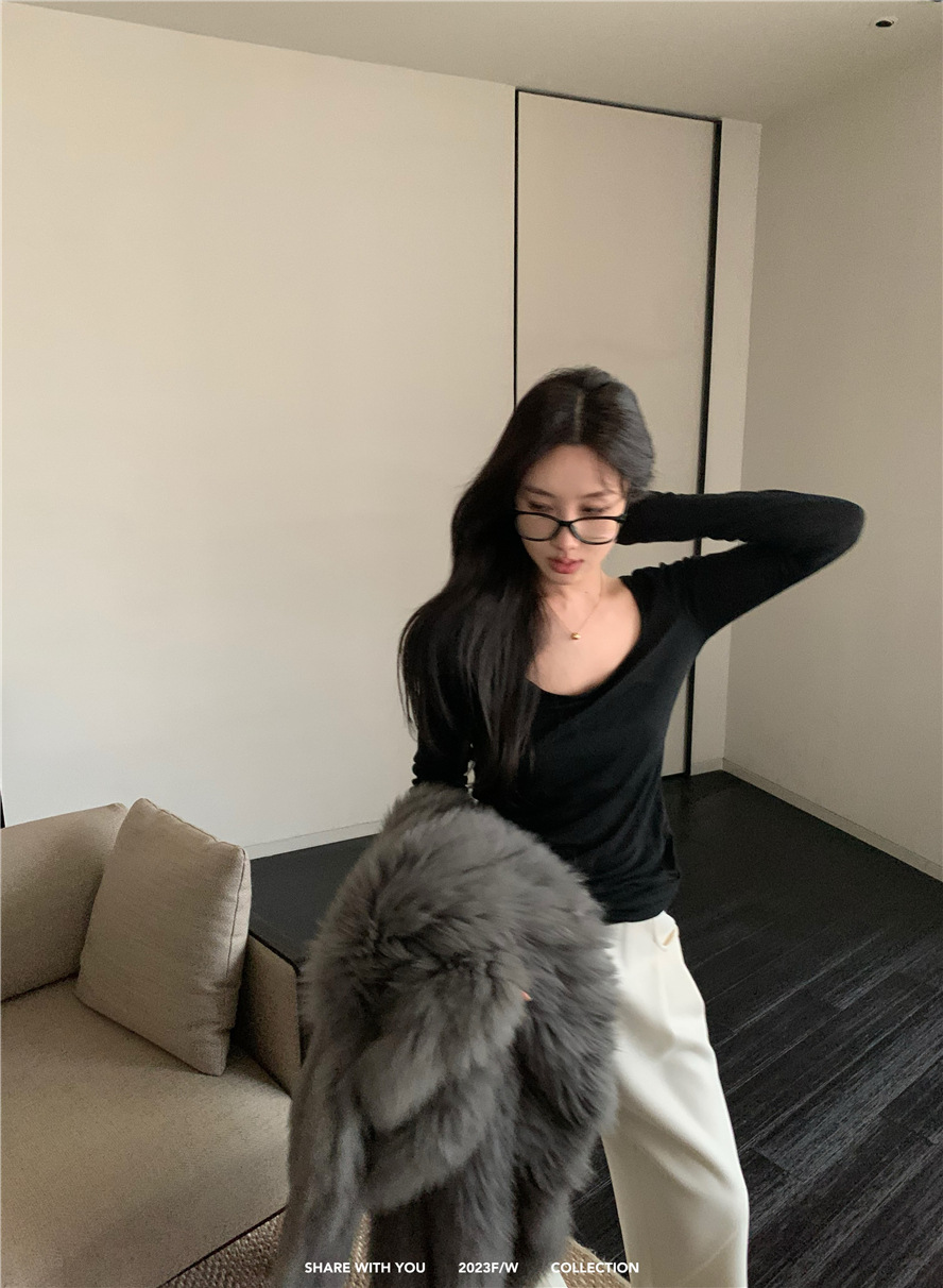 基础款纯色简约百搭舒适慵懒风薄款上衣U领打底衫内搭长袖t恤女详情27