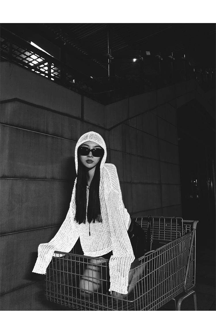 李婉君宽松连帽镂空针织衫女2020夏季薄款星辰反光蹦迪上衣长袖衫详情10