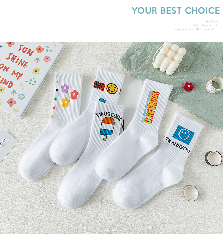 ins trendy and creative smiling cotton socks, a niche design for women with a school style cartoon print, mid-calf socks, sweat-absorbing and breathable socks pic 13