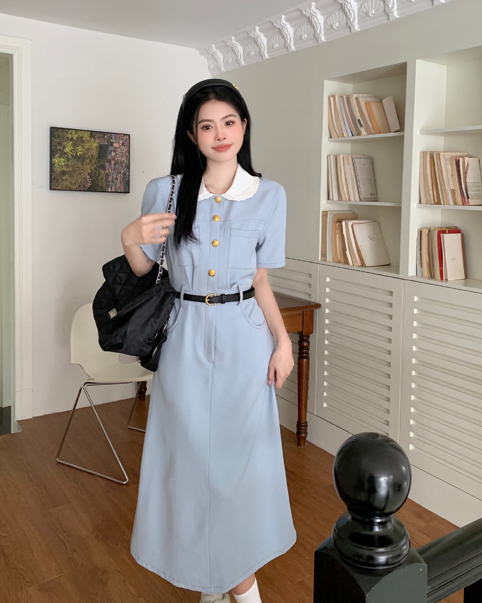 大码女装胖mm百搭娃娃领连衣裙2023夏季新款休闲收腰韩版高级裙子详情21