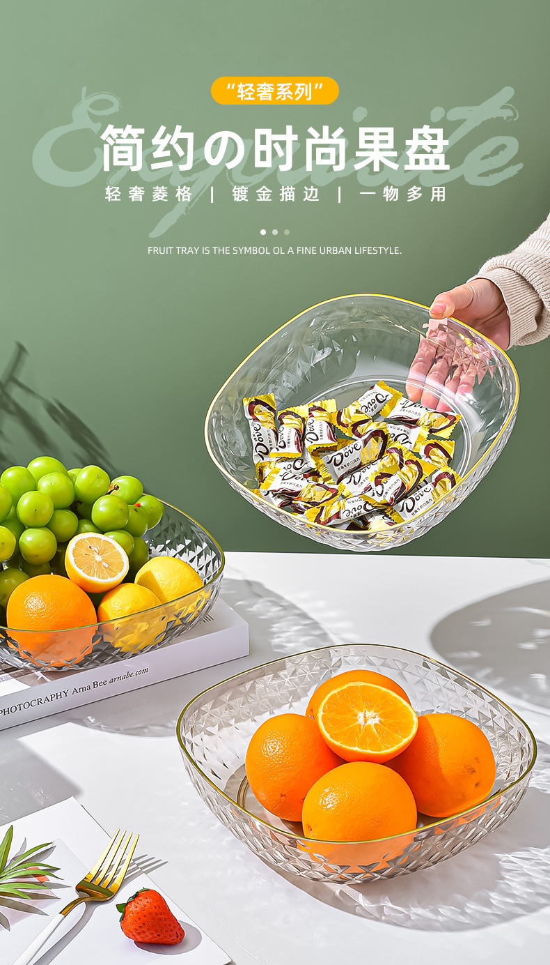 Light luxury style PET fruit plate, transparent round fruit plate, home living room snack and dried fruit plate, gold-rimmed storage plate pic 1