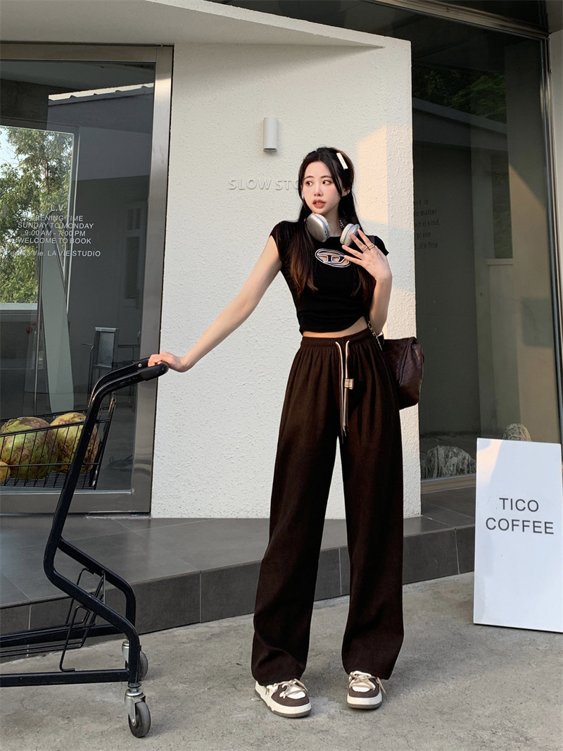 Corduroy ultra-fine corduroy wide-leg pants for women, new autumn style double drawstring smiling face belt casual pants, high-waisted straight-leg pants pic 13