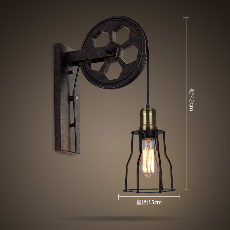 American country wall lamps, industrial style retro wall lamps, simple and creative ironwork pulley wall lamps, height-adjustable restaurant corridor lights pic 12