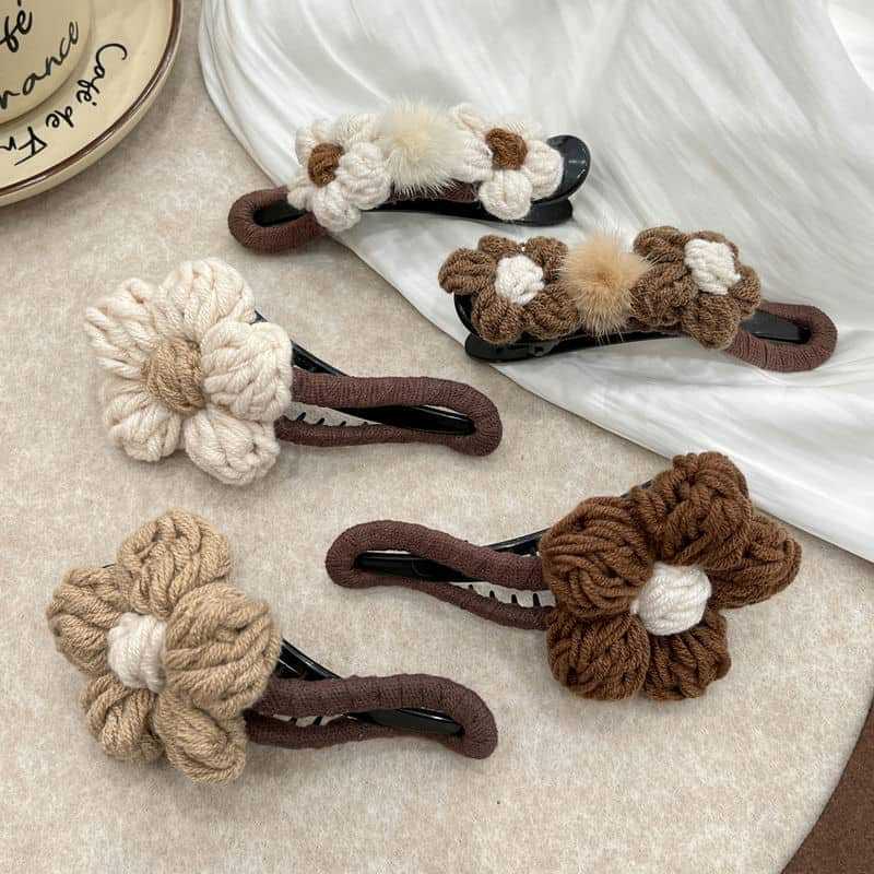 Woolen flower duckbill clip, large back of the head, sweet semi-tied hair clip, new autumn and winter headwear pic 4