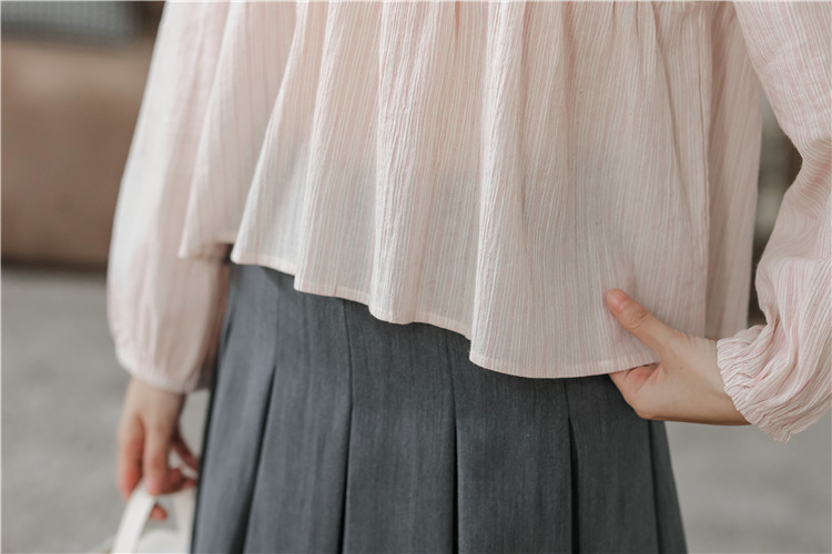 2023 Autumn new style sweet and fresh lantern sleeve lace patchwork round neck pullover long-sleeved striped doll shirt for women pic 20