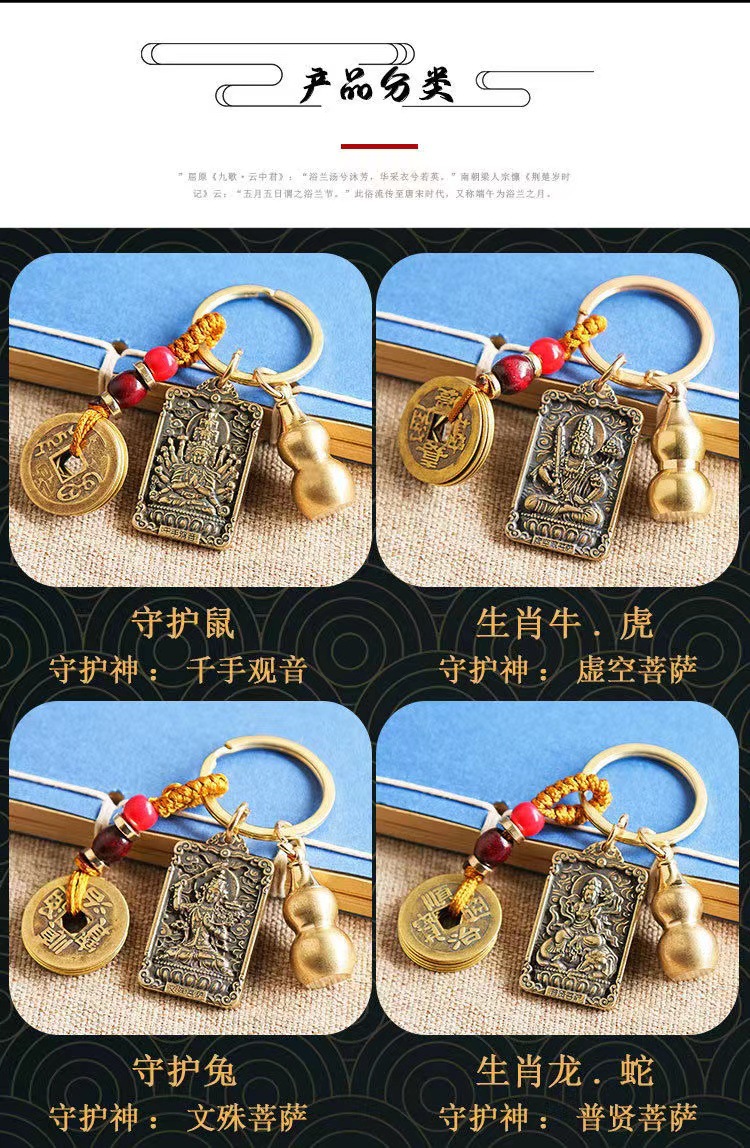 Brass keychain pendant, twelve Chinese zodiac signs and eight guardian deities pendant, double-sided retro pendant handicraft pic 11