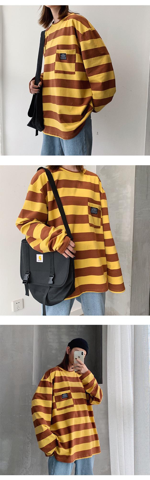 Cross-border striped T-shirt for women 21 New striped long-sleeved T-shirt for women on Instagram Harajuku loose Korean-style top in stock pic 16