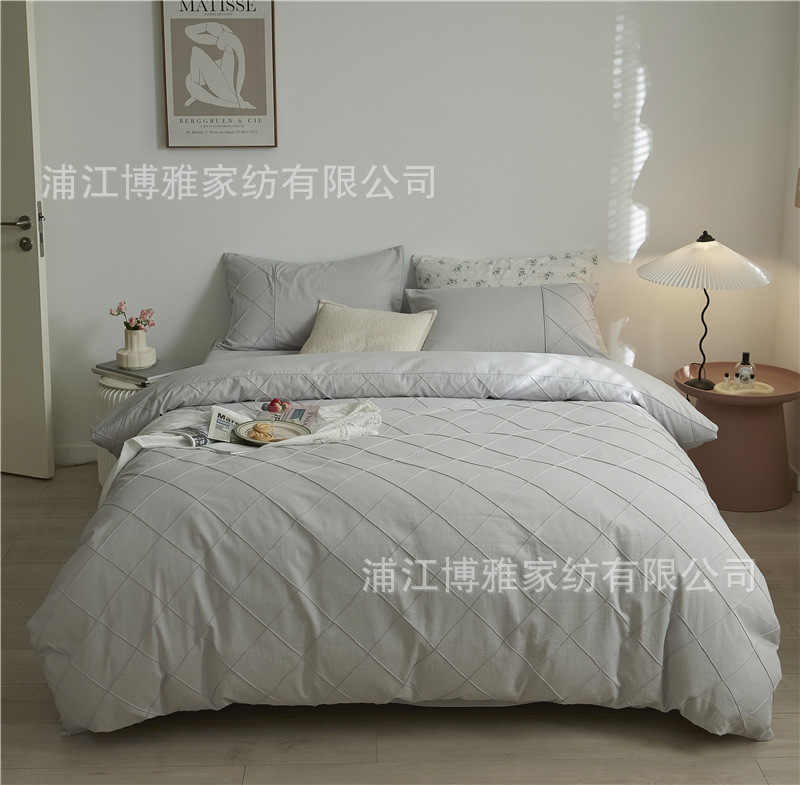 Wholesale of high-quality three or four-piece sets of washed cotton 40-count hand-knitted rhombus-shaped checkered plain pure cotton bedding pic 56